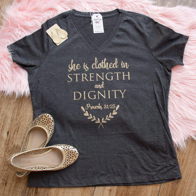 She is Clothed in Strength and Dignity Proverbs 31:25 Relaxed Ladies Vneck