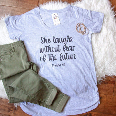 She Laughs without Fear of the Future Ladies Maternity Shirt